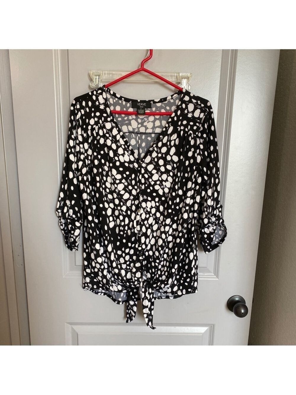 Women's VERVE Blouse Black/White Print Tie-Front Size M #0015